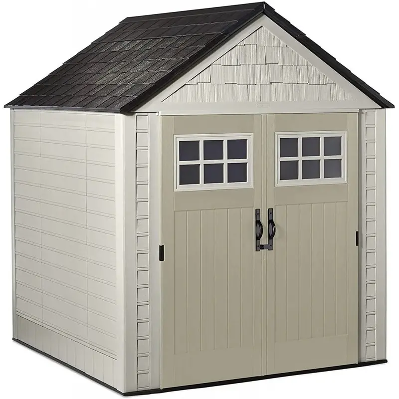 Rubbermaid 7′ x 7′ Weatherproof Outdoor Storage Shed — Resin Construction with Windows, Utility Hooks & Sand Finish