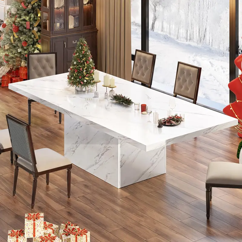 White Faux Marble Dining Table – 71″ Modern Rectangle Table for 6–8, Farmhouse-Industrial Style with Sturdy Base