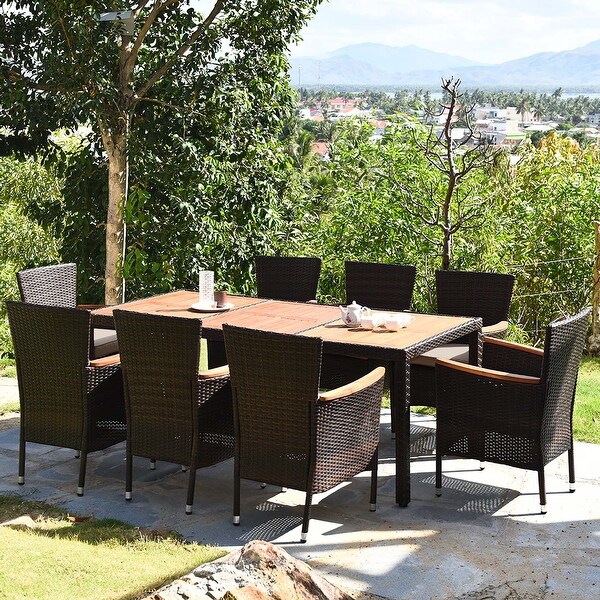 9PCS Patio Rattan Dining Set 8 Chairs Cushioned Acacia Table Top
