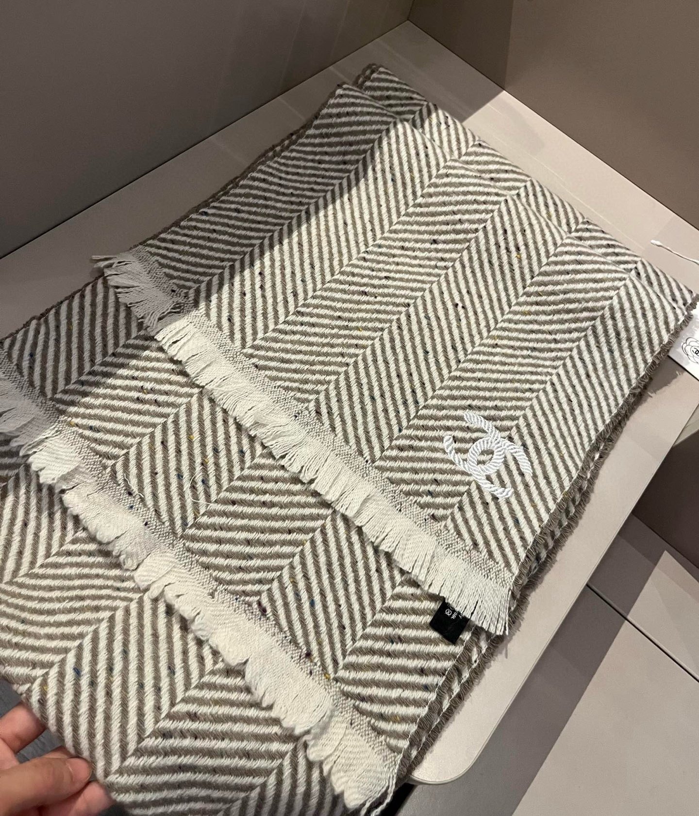Chanel Cashmere Scarf Chevron Beige For Women 180cm