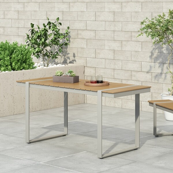 Dining Table,Silver + Natural with a Stunning Aluminum Frame and Classic Slat Paneling