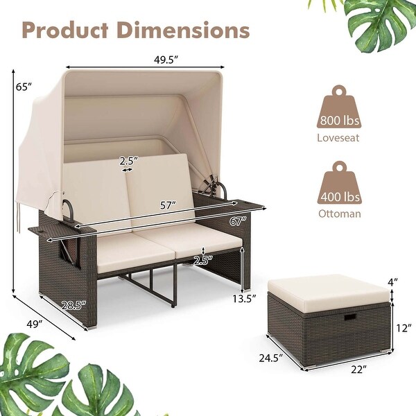 Patio Rattan Daybed w/Retractable Canopy Cushioned Double Bed Lounger