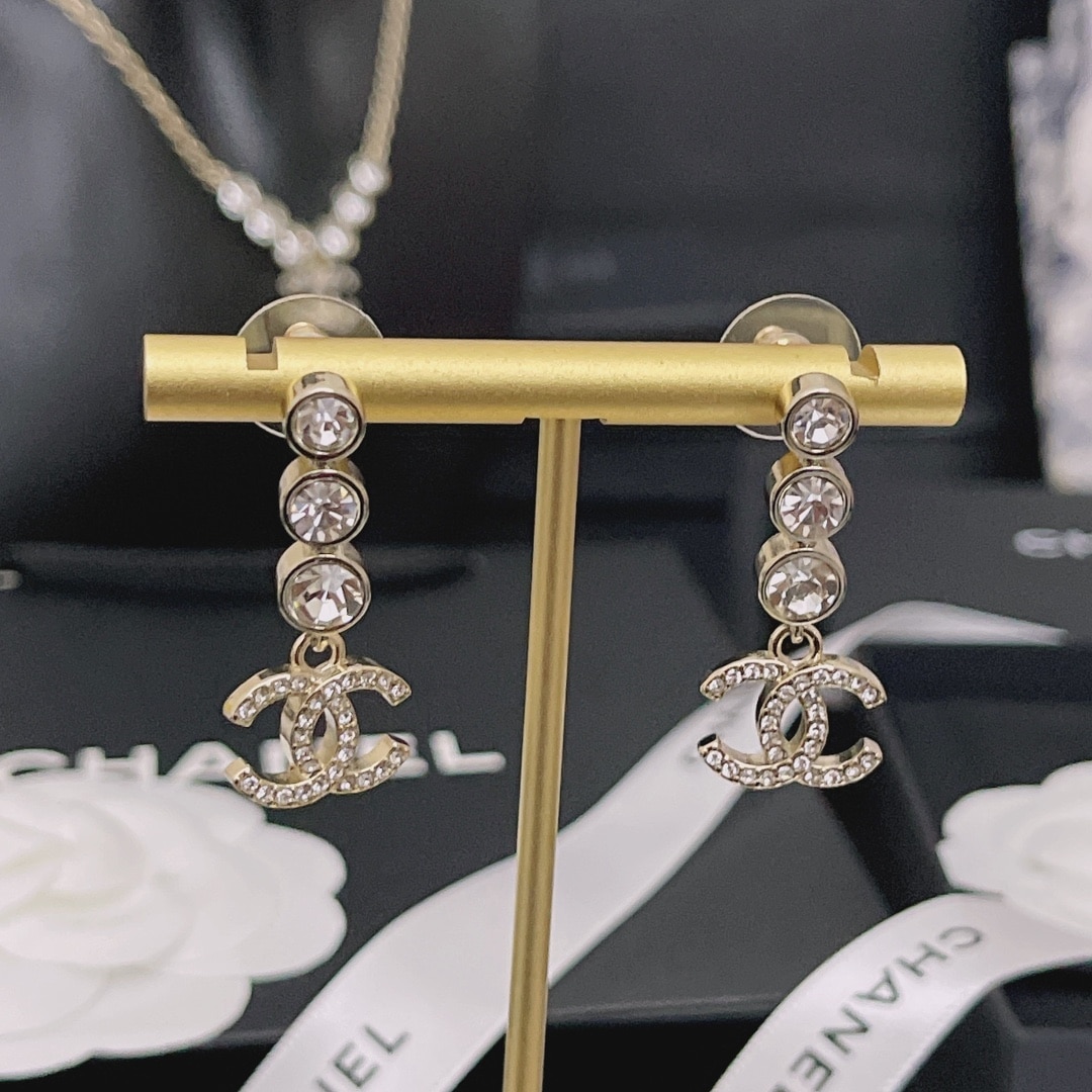 Chanel Crystal Cc Drop Earrings Gold