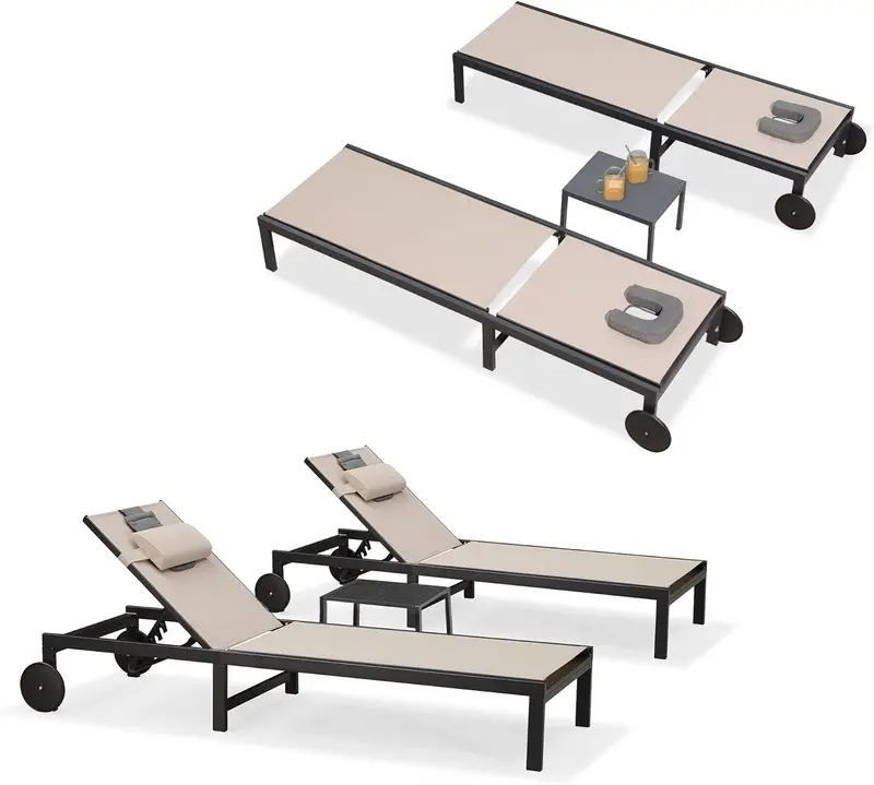 PURPLE LEAF Tanning Lounge Set – Adjustable Aluminum Reclining Chairs with Face-Down Hole, Wheels, Pillows & Matching Table