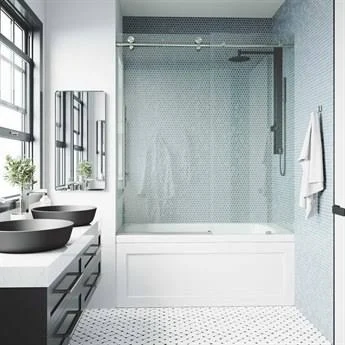 Vigo VG60216066 Elan 66x22 High x 60x22 Wide Sliding Frameless Tub Door with Clear Glass Clear / Stainless Steel Showers Shower