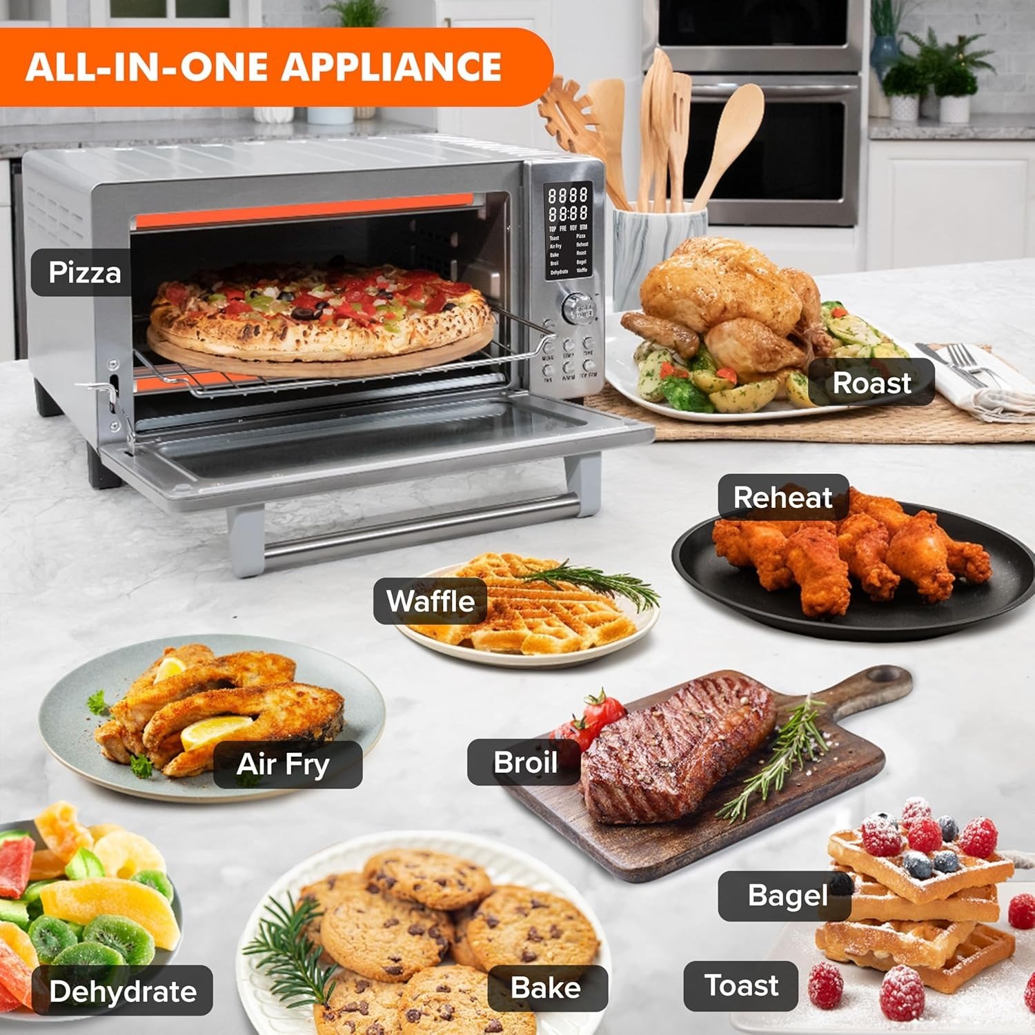 21QT 10-in-1 Air Fryer Toaster Oven, 1800W Convection, 50-450°F, 0-100% Top/Bottom Heat Adjust, PFAS-Free, Brushed Stainless Steel