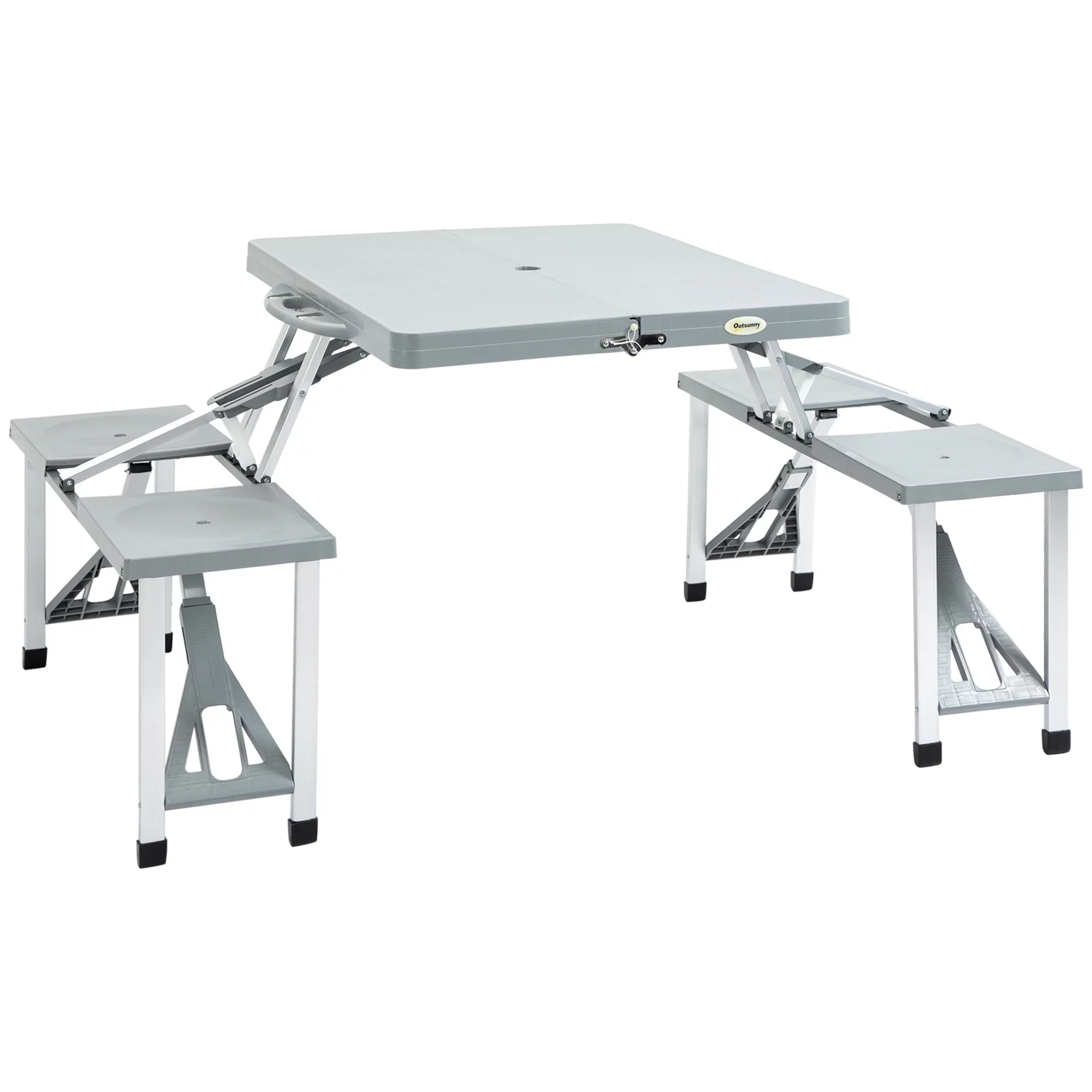 Outsunny Portable Foldable Camping Picnic Table with Seats Chairs and Umbrella Hole, 4-Person Fold Up Travel Picnic Table, Grey