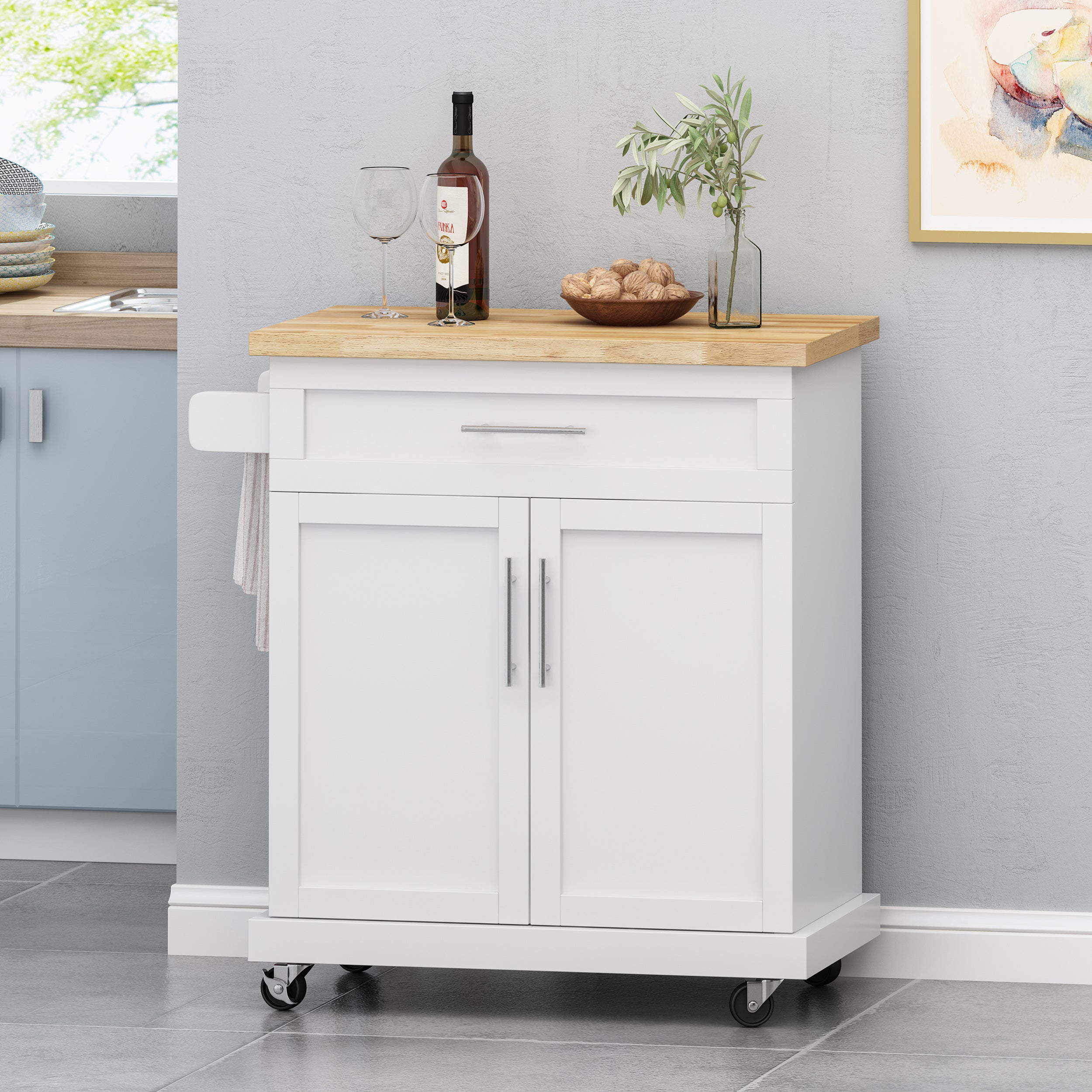 GDF Studio Negley Contemporary Kitchen Cart with Wheels, Natural and White