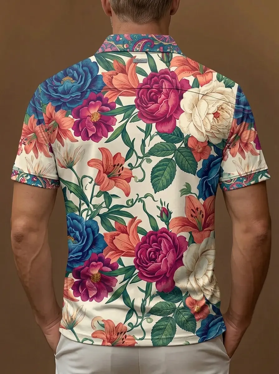 Cream Base Vibrant Tropical Floral Print Short Sleeve Golf Polo Shirt