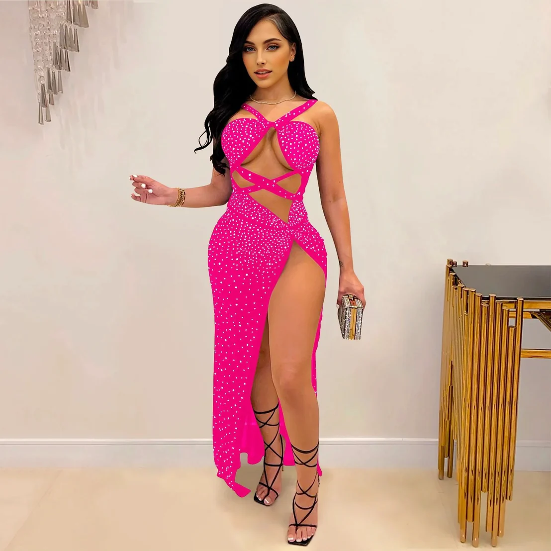 Halter Cut Out Maxi Dress | Rhinestone Embellished GownClistos