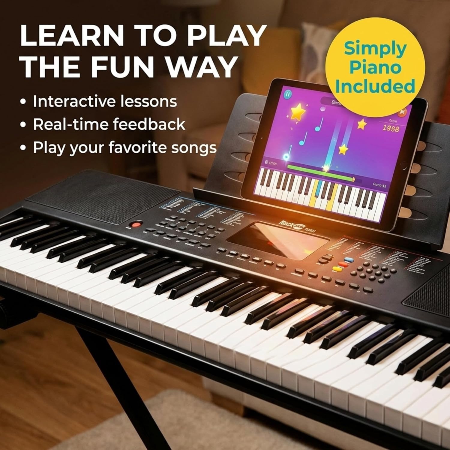 61-Key Compact Keyboard Piano with LED Display, Keynote Stickers & Lessons