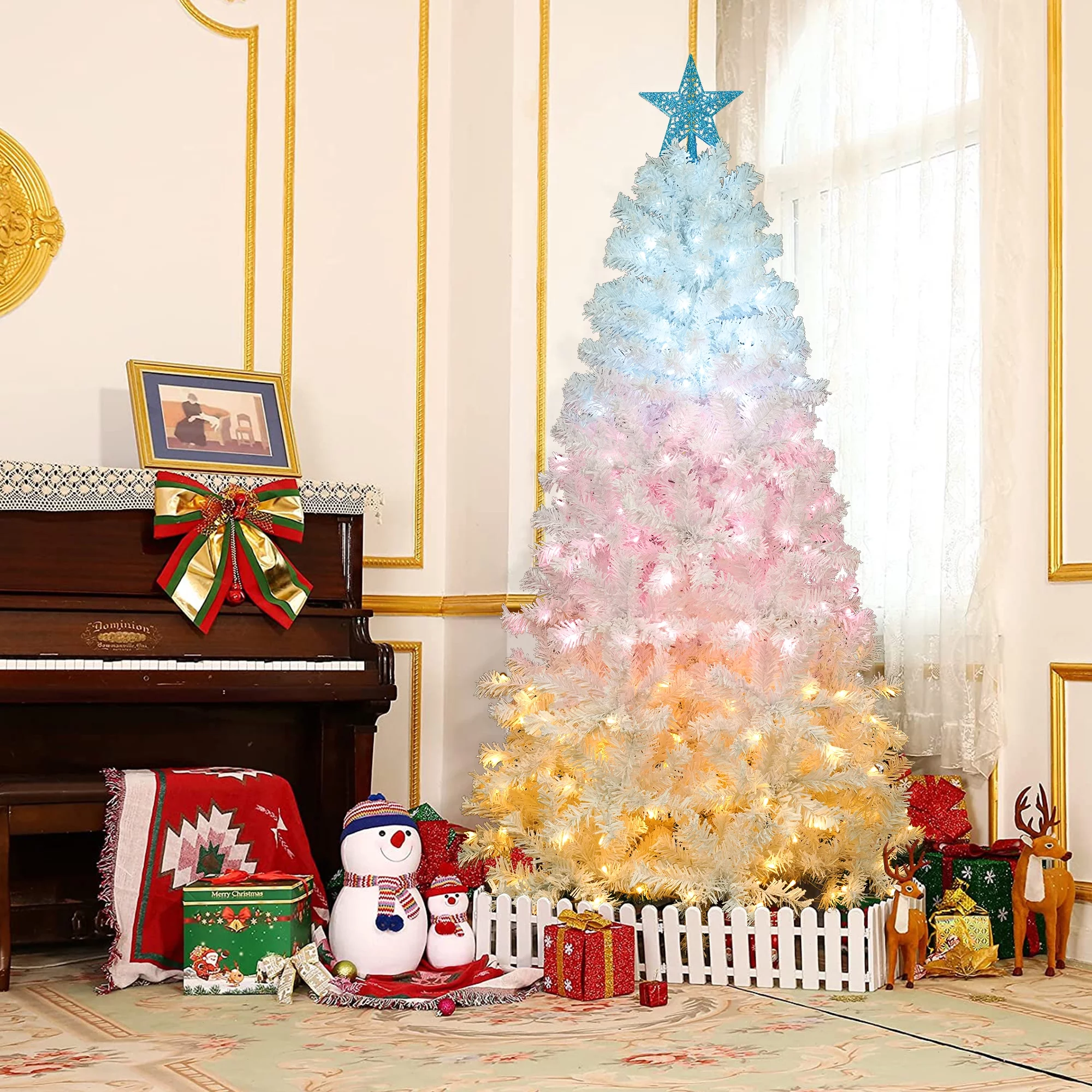White Christmas Trees, 6FT Seizeen Pre-lit Xmas Trees with 300 Tri-color Lights & Star Top, Artificial Holiday Christmas Pine Tree W/ 8 Llight Modes for Home, Office, Party, 600 Tips