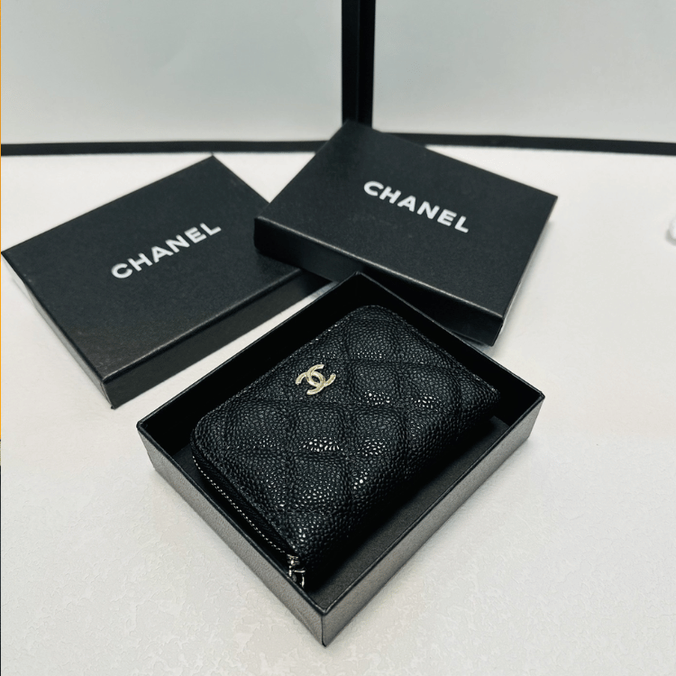 Chanel Zipped Coin Purse Black Gold Hardware 3.5 Inches