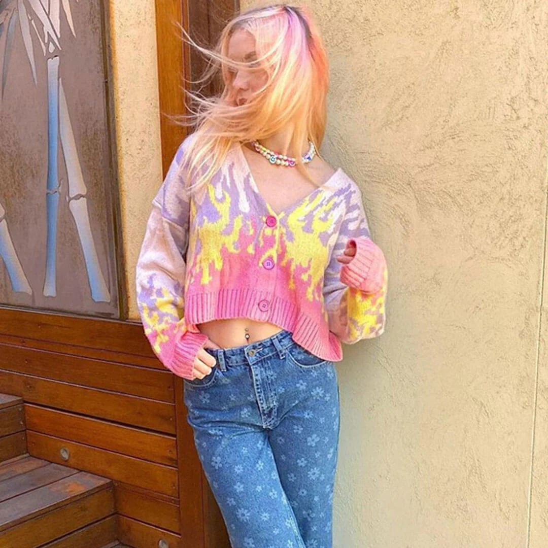 Retro Flame Knit Cropped CardiganClistos