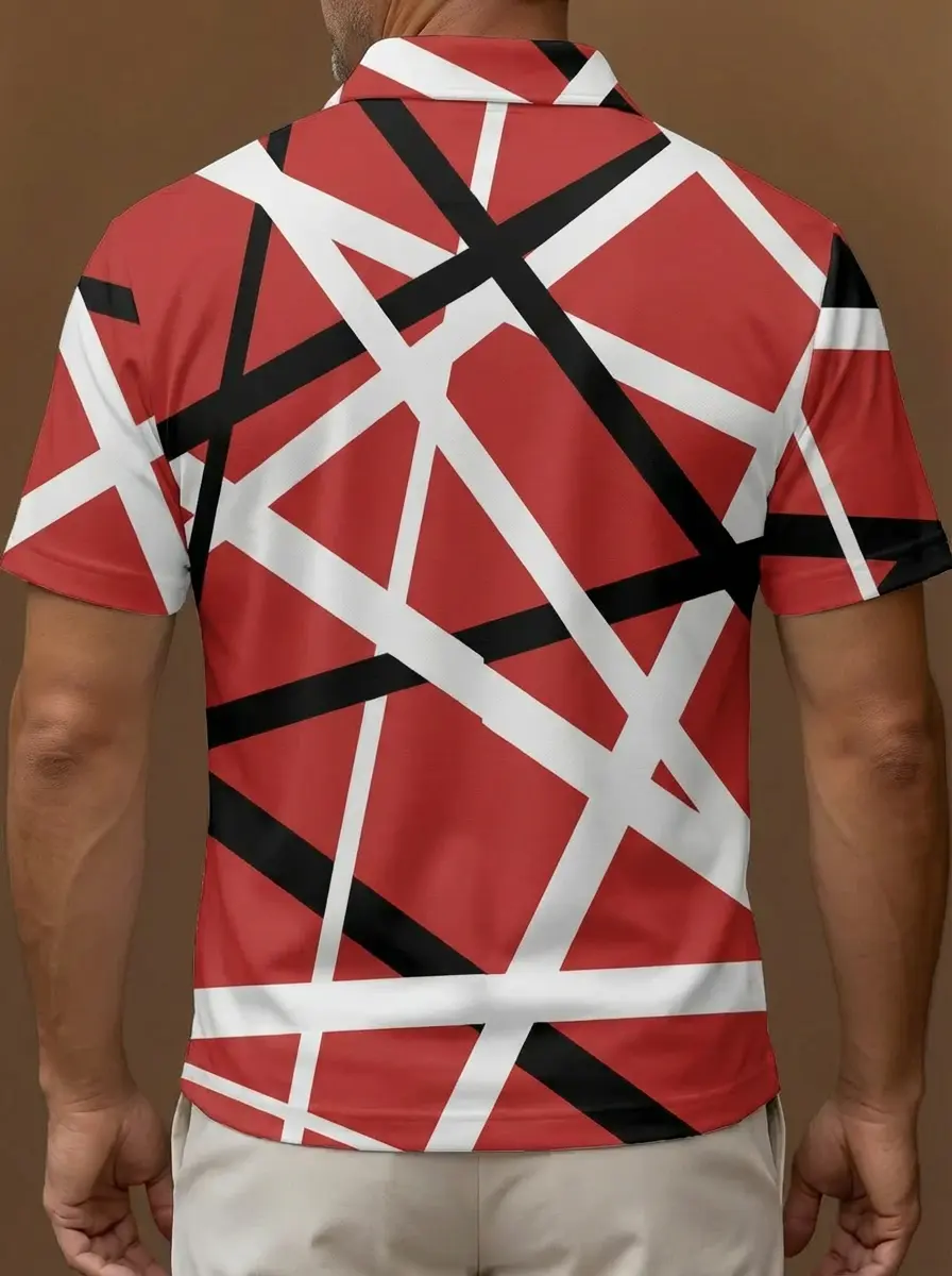 Red Black White Geometric Stripe Pattern Button Short Sleeve Golf Polo Shirt