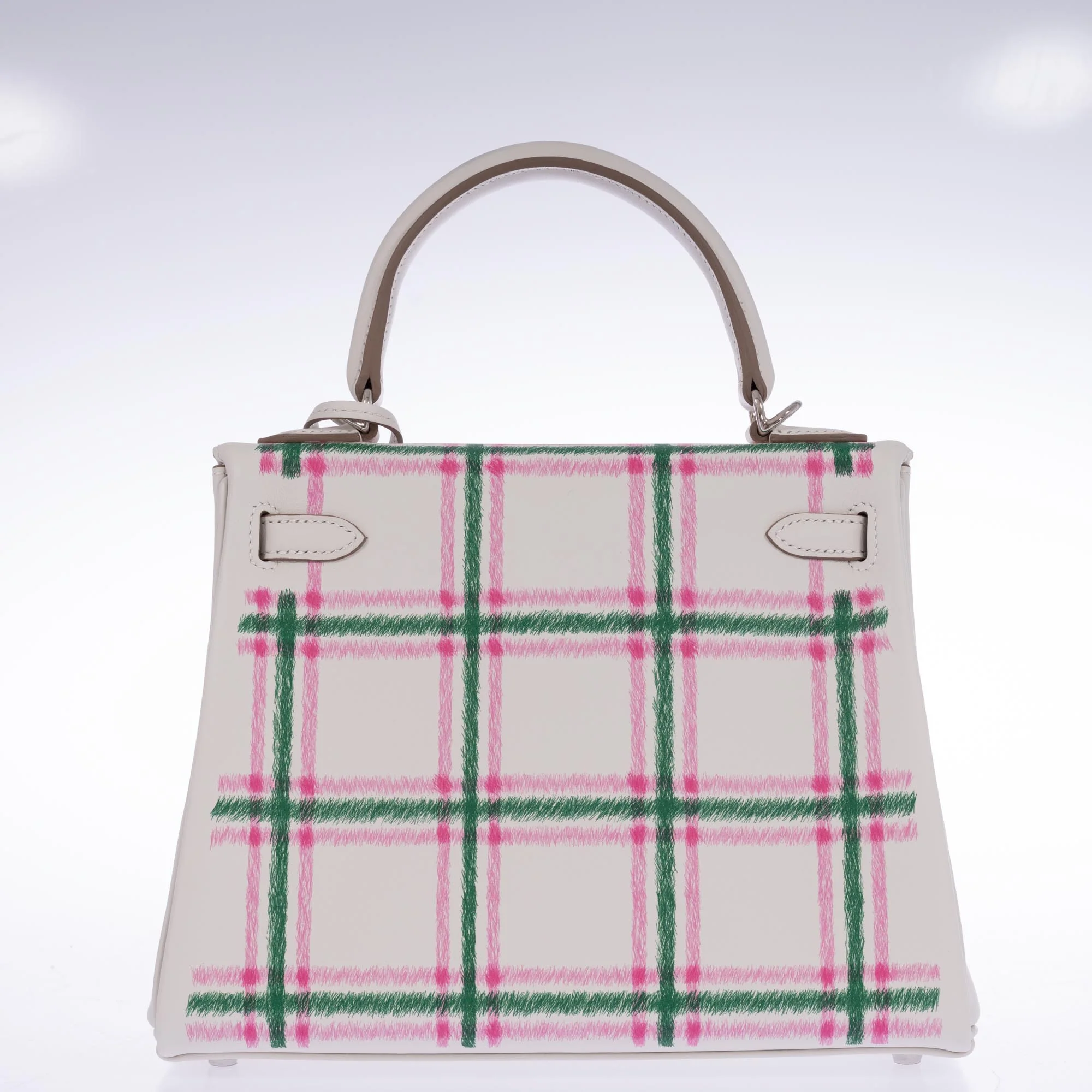 Hermès Kelly 25 Retourne Tartan Light Gris Pale Vert Moyen Bubblegum Swift Palladium Hardware
