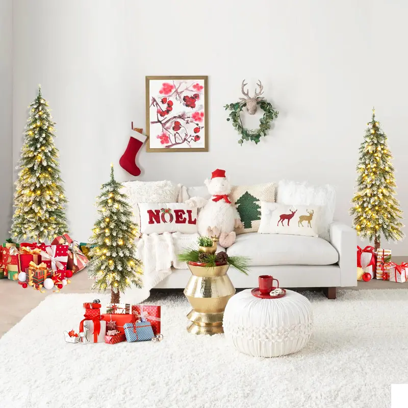 Slim Pre-Lit Pencil Christmas Tree Set – Available in 3′, 4′, and 5′ Heights with Snow-Flecked Foliage