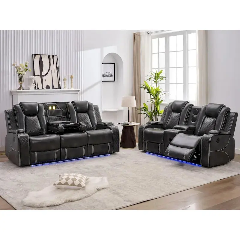 Power Reclining Sofa – Faux Leather Living Room Seating with Wireless Charging & LED Lighting