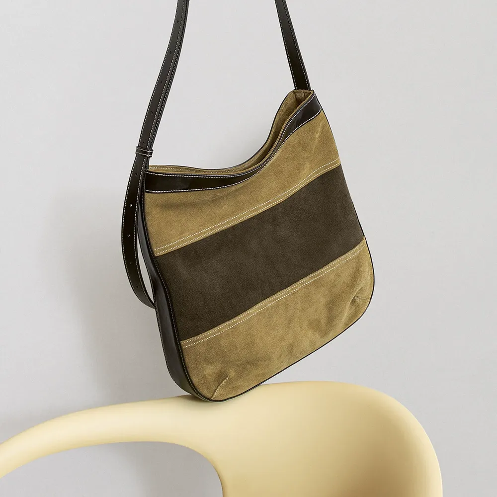 Brown Suede Patchwork Shoulder Bag