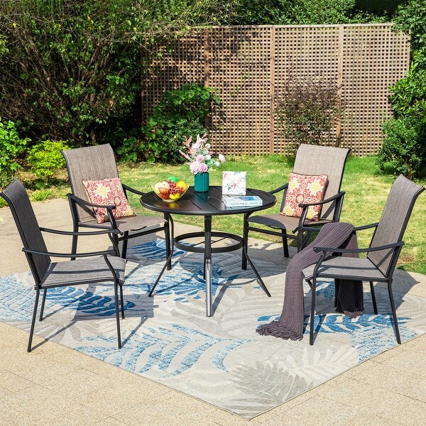 MAISON ARTS 5/7Piece Patio Dining Set,Round Metal Table and 4/6 Textilene Fabric Padded Armchairs