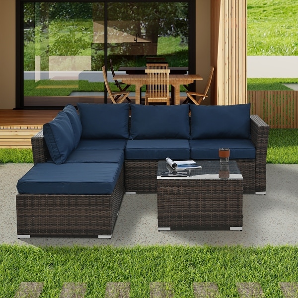 4Piece Patio Conversation Wicker Furniture Set,Sectional Sofa Set with Tempered Glass Coffee Table,Sofa Chair and Ottoman Sets