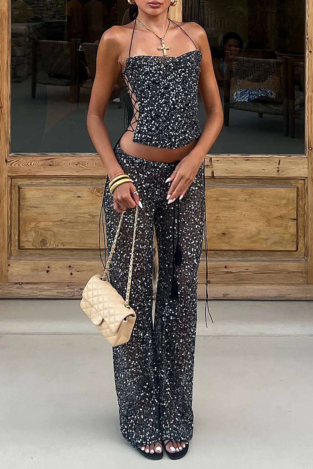 Sequin Halter Lace Up Crop Top & Wide Leg Pants SetClistos