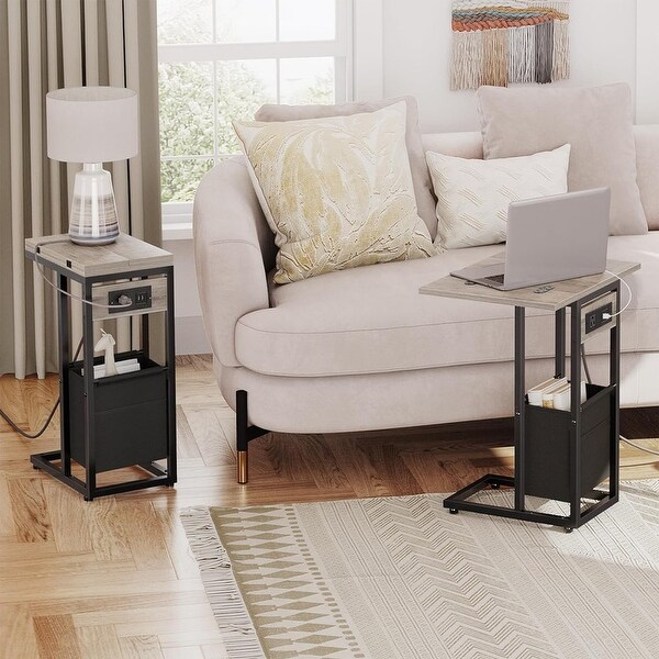 C Shaped Side Table with Charging Station,End Table,Greige and Black