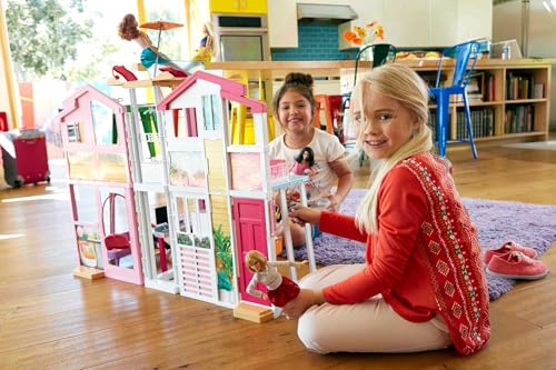Barbie Doll House Playset, 3-Story Townhouse with 4 Rooms & Rooftop Lounge, Furniture & Accessories Including Swinging Chair (Amazon Exclusive)