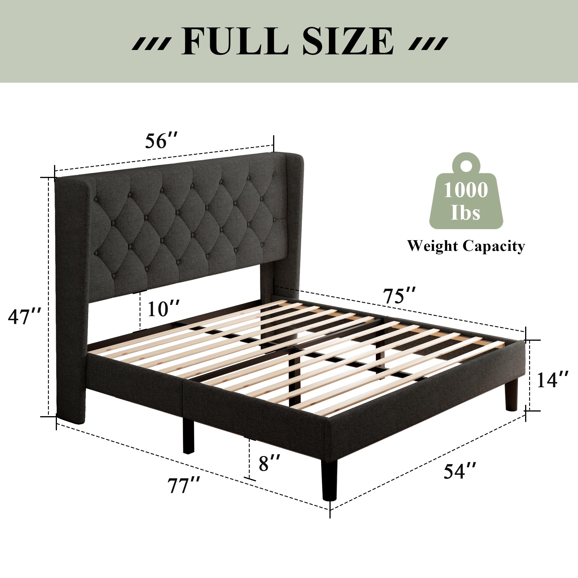 Feonase Full Size Bed Frame with Upholstered Wingback Headboard, Platform Bed and Heavy Duty Wooden Slats Support, Easy Assembly, Noise-Free, No Box Spring Needed, Dark Gray