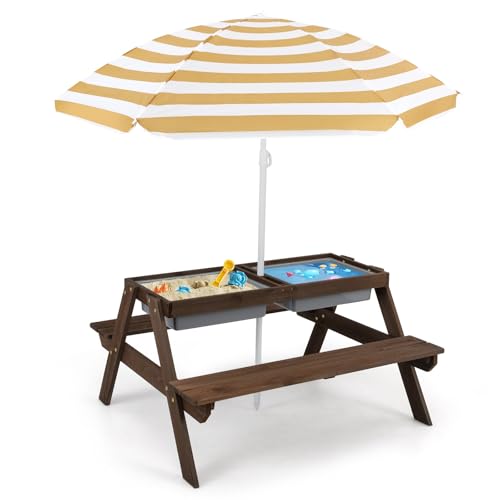 Olakids Kids Picnic Table, Outdoor Toddler Wooden Table and Chair Set with Removable Umbrella, Children Activity Furniture Bench Set for Patio Garden Backyard