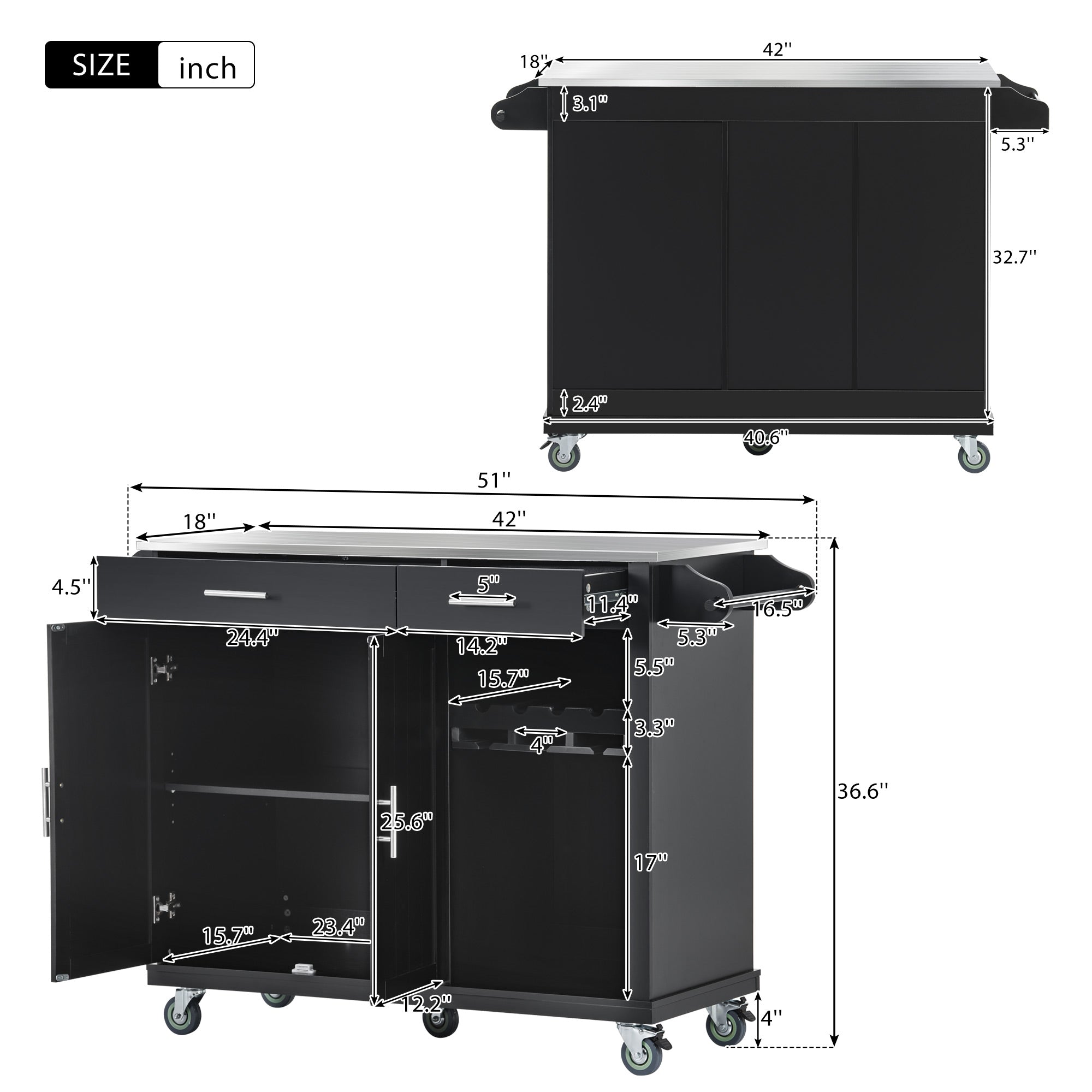 Kitchen Cart with Stainless Steel Top, Mobile Kitchen Island Cart with Spice Rack and Towel Rack, Kitchen Sideboard Buffet Cabinet with 2 Drawers and Wine Rack, Black