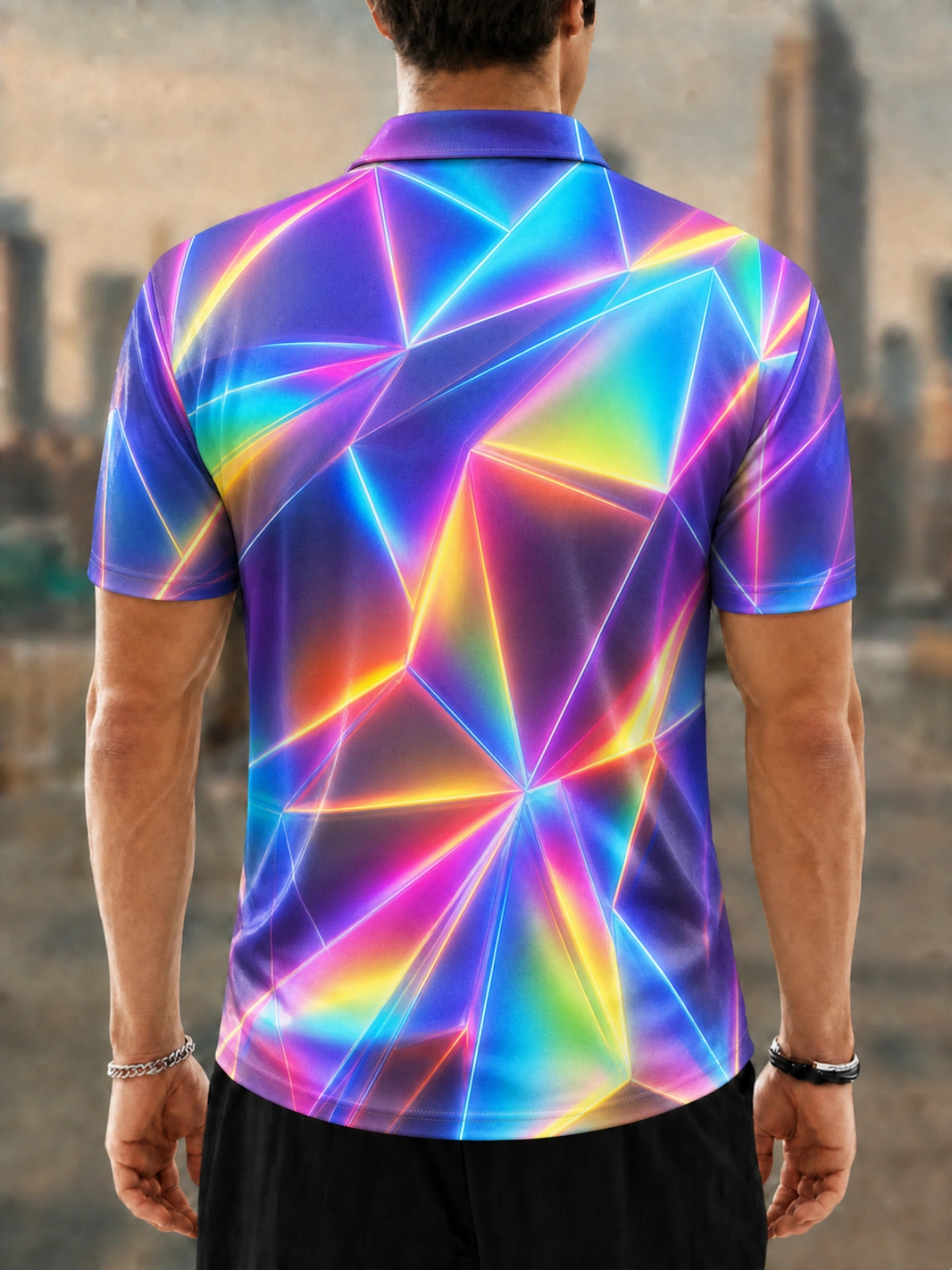 Moisture Wicking Golf Polo 3D Iridescent Prism Geometric Button Short Sleeve Golf Polo Shirt