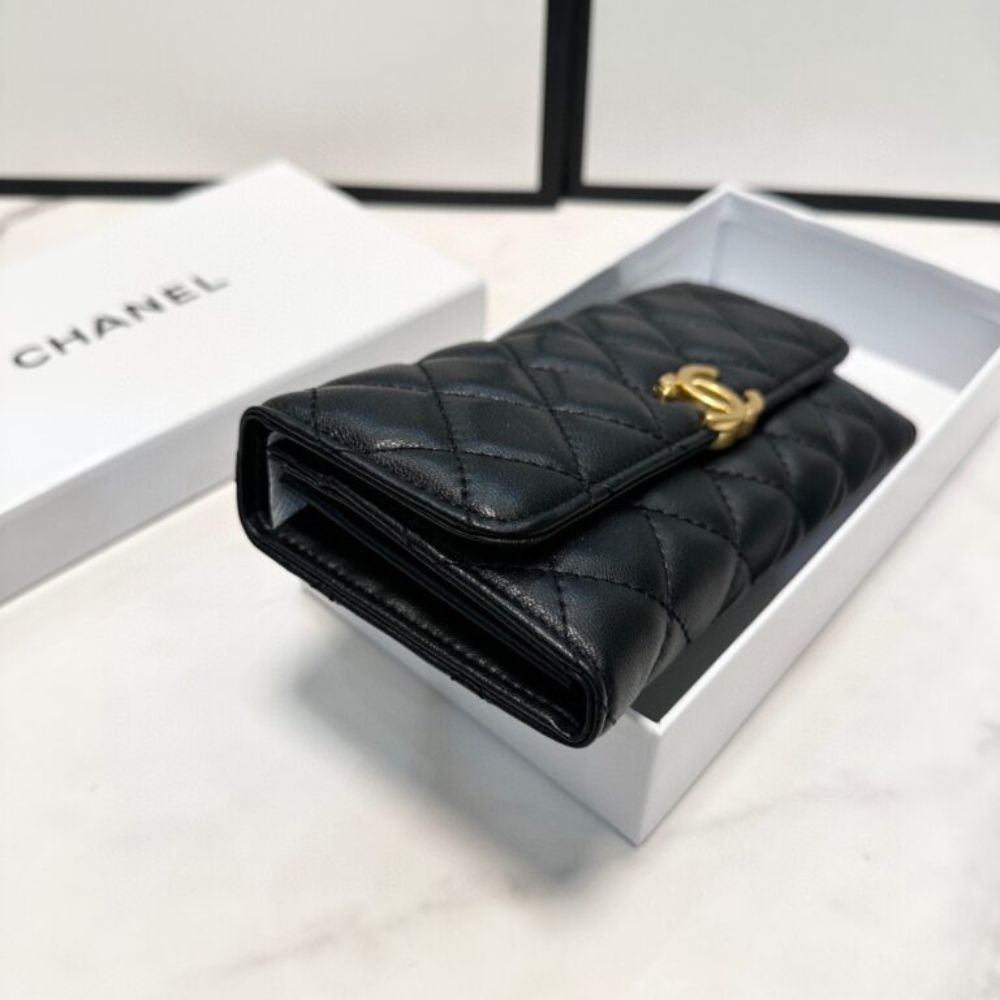 Chanel Cc Logo Long Flap Wallet Gold Black 7.5 Inches