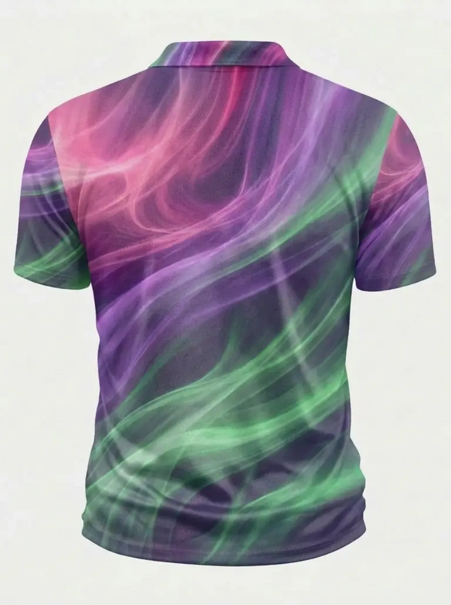 Moisture Wicking Golf Polo 3D Purple Green Pink Smoke Pattern Button Short Sleeve Golf Polo Shirt