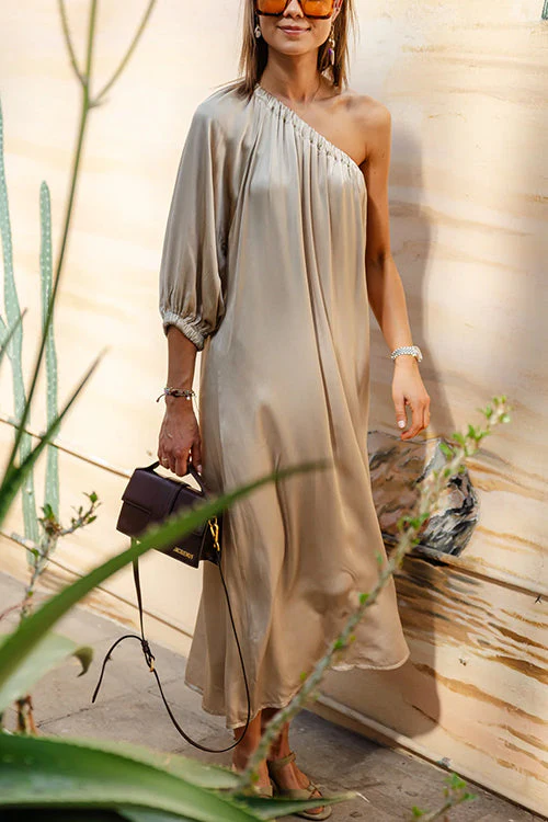 One Shoulder Midi Dress with Puffy SleeveClistos