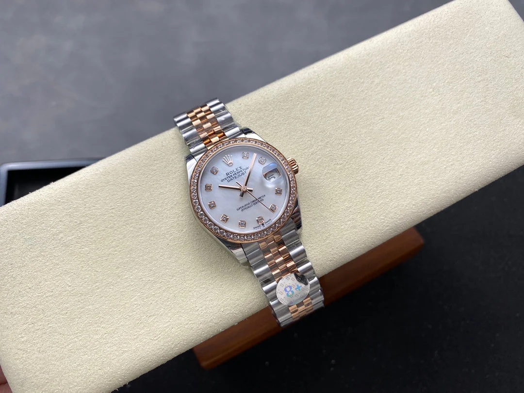 Datejust 28mm Pink Gold Steel Diamond Bezel White Mop Dial