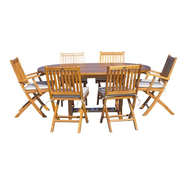 Seven Seas Teak 7 Piece Teak Wood San Diego Patio Dining Set with Round to Oval Extension Table,2 Arm Chairs and 4 Side Chairs