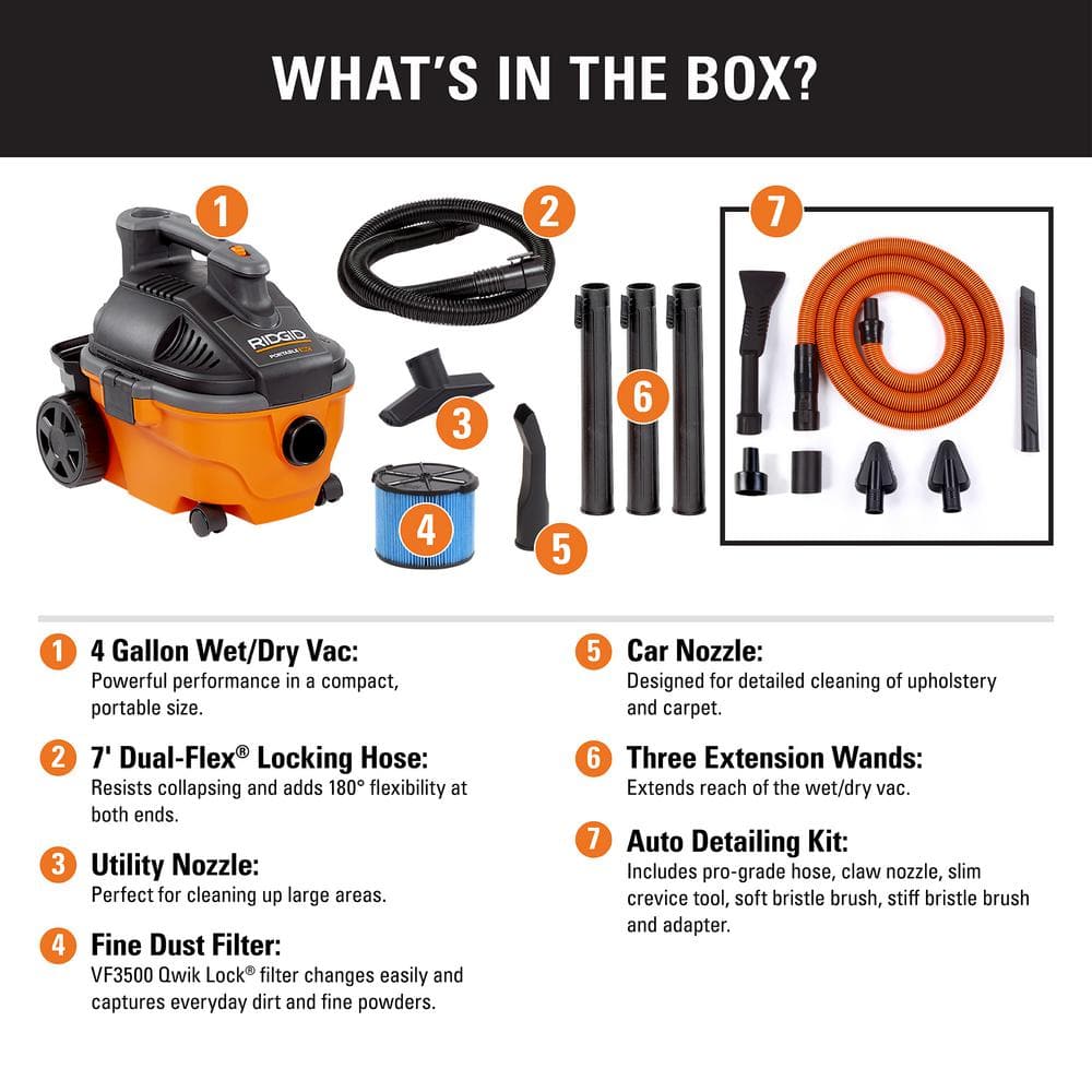 Ridgid 4 Gallon 5.0 Peak HP Portable Wet/Dry Shop Vacuum with Fine Dust Filter, Hose, Accessories and Premium Car Cleaning Kit WD4070C
