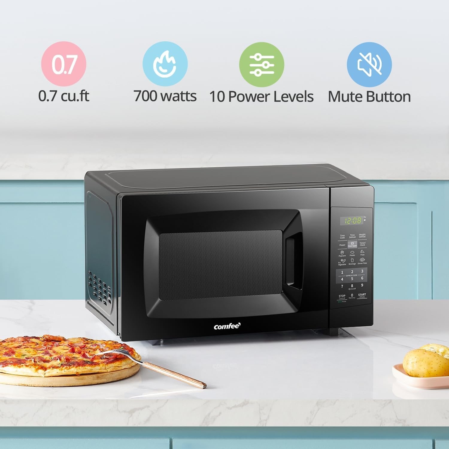 Countertop Microwave Oven with Sound On/Off, ECO Mode and Easy One-Touch Buttons, 0.7cu.ft, 700W, Black