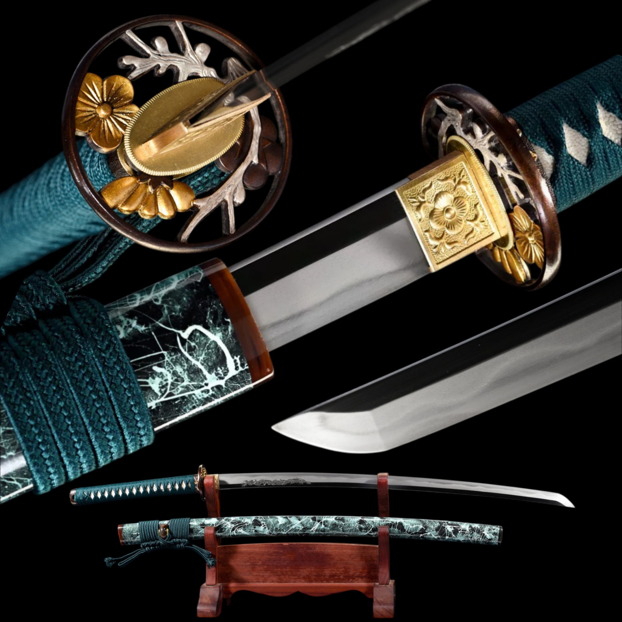 Handmade Katana Wootz Steel Clay Tempered Floral Tsuba Full Tang