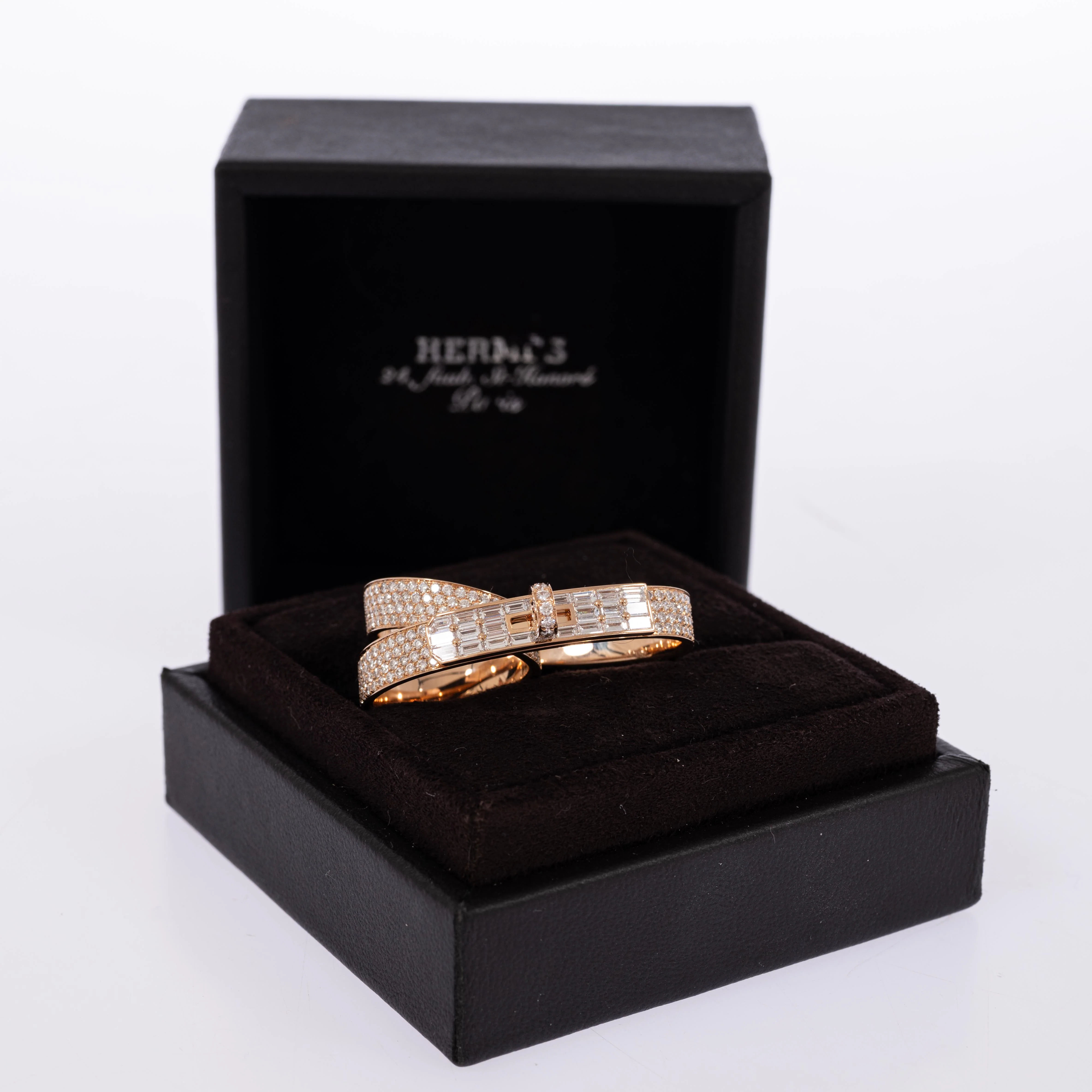 Hermès Kelly Gavroche Double Ring 18K Rose Gold Diamond Baguette & Pavé FR 52