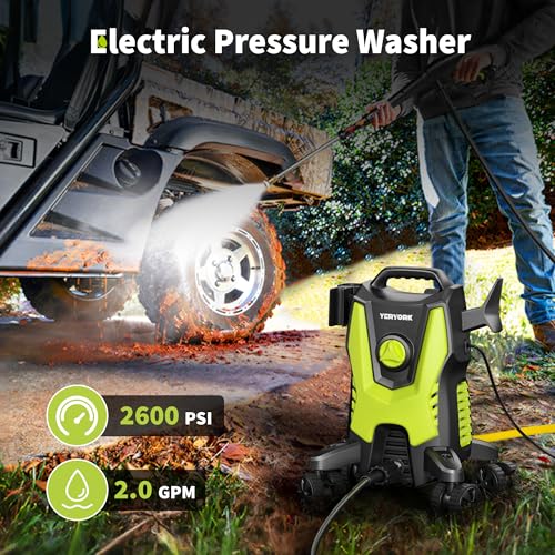 Electric Pressure Washer, 2600 PSI 2.0 GPM Power Washer with 4 Lockable Wheels, Steel Wand, 4 Quick Connect Nozzles, 500ml Foam Cannon, High Pressure Washer for Decks/Driveways/Cars