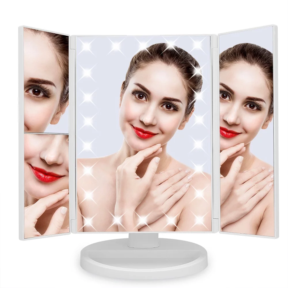 Makeup Vanity Mirror with Lights, 2X/3X Magnification, 21 Led Lighted Mirror with Touch Screen,180° Adjustable Rotation,Dual Power Supply,Portable Trifold Mirror
