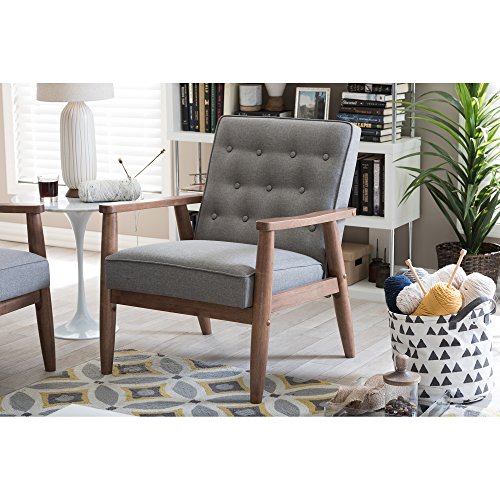 Baxton Studio Sorrento Mid-Century Retro Modern Fabric Upholstered Wooden Lounge Chair, Grey