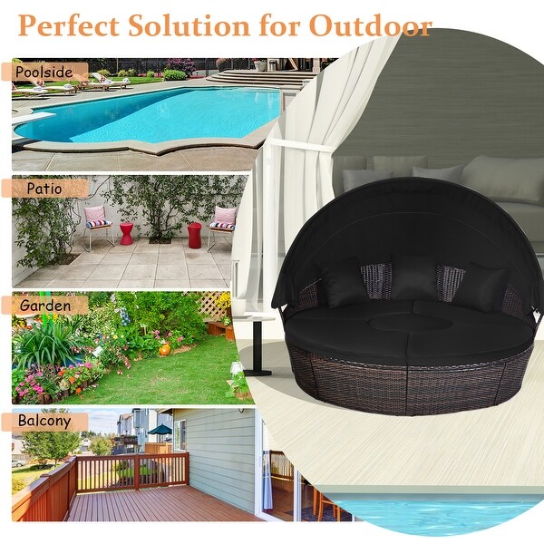 Costway Patio Rattan Daybed Cushioned Sofa Adjustable Table Top Canopy