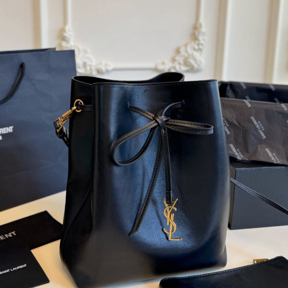 Saint Laurent Paris Vii Pochon Suede Leather Black 24Cm