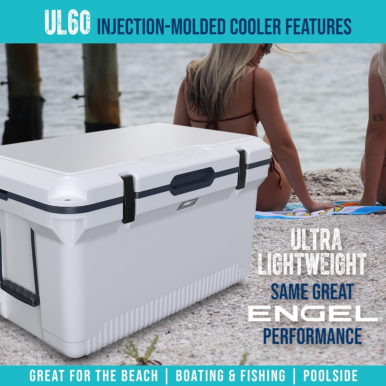 60 QT Ultra-Light Injection Molded Cooler - Ice Chest Keeps Ice up to 7 Days - Large Cooler Includes Wire Basket, Divider and Built-in Bottle Opener