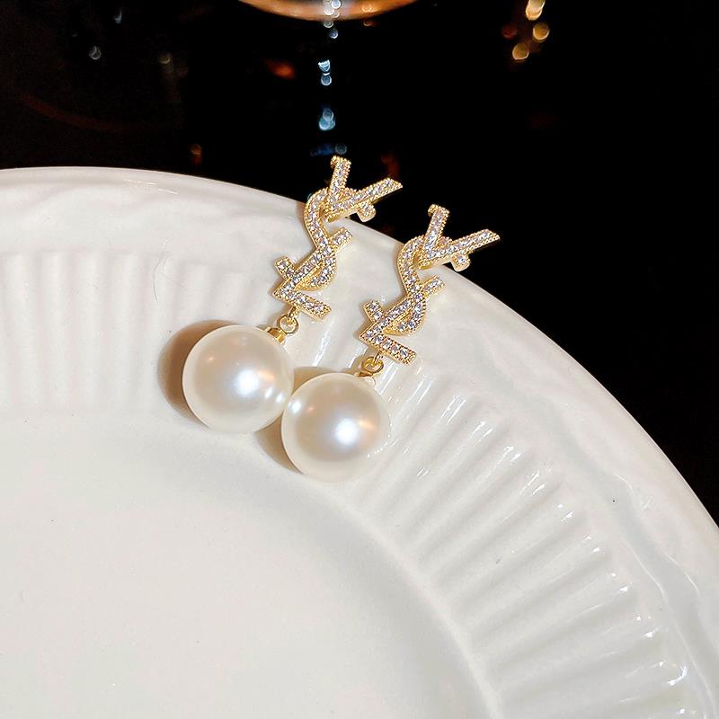 YSL Crystal Diamond Letter Pearl Stud Earrings - cnluxepick