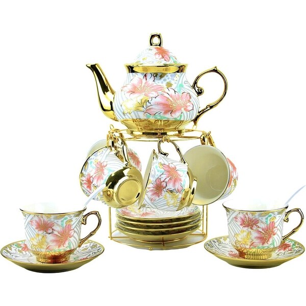 20 Pieces Porcelain Chinese Tea Set With Holder and Painting,White