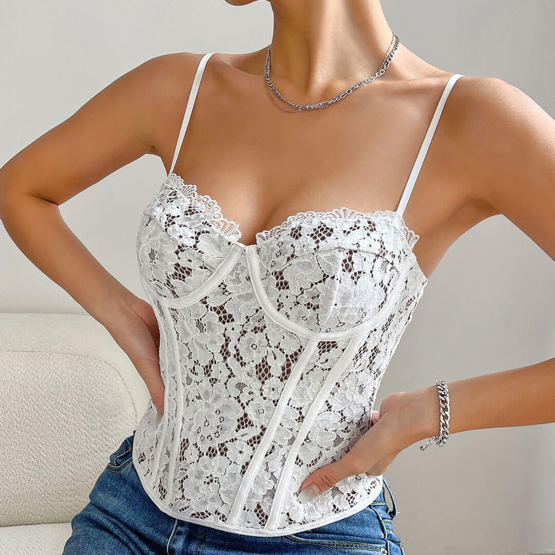 Sheer Lace Corset Top - Sweetheart NecklineClistos